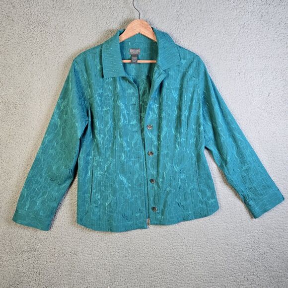Chicos Additions Teal Textured Button Jacket Size 2 Hip Length Jacquard Workwear - Picture 15 of 16